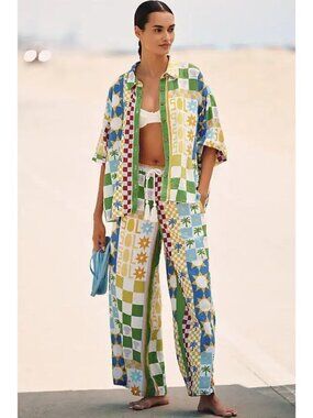 Celandine Linen Blend Wide-Leg Pants High Rise Women's Size L Multicolor